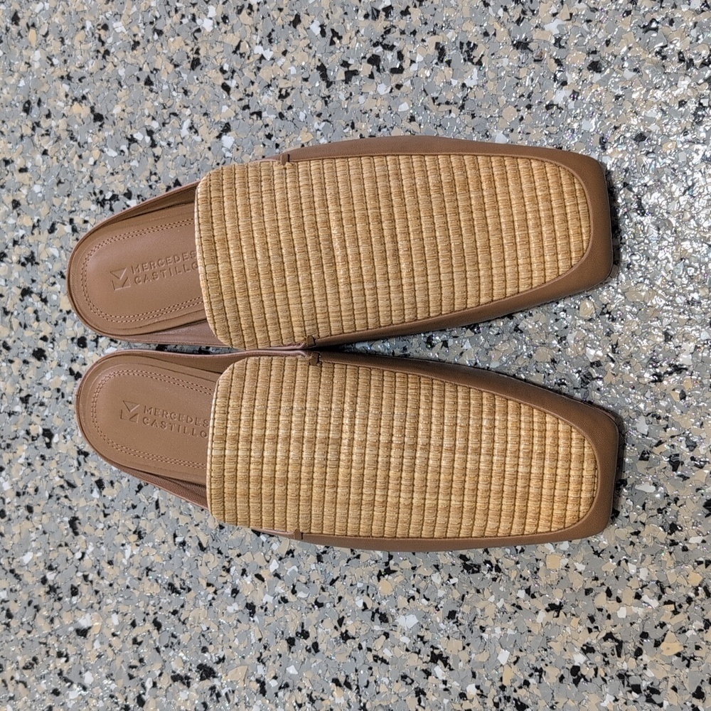 Mercedes Castillo Madelyn Square-Toe Leather & Raffia Loafer/ Mules